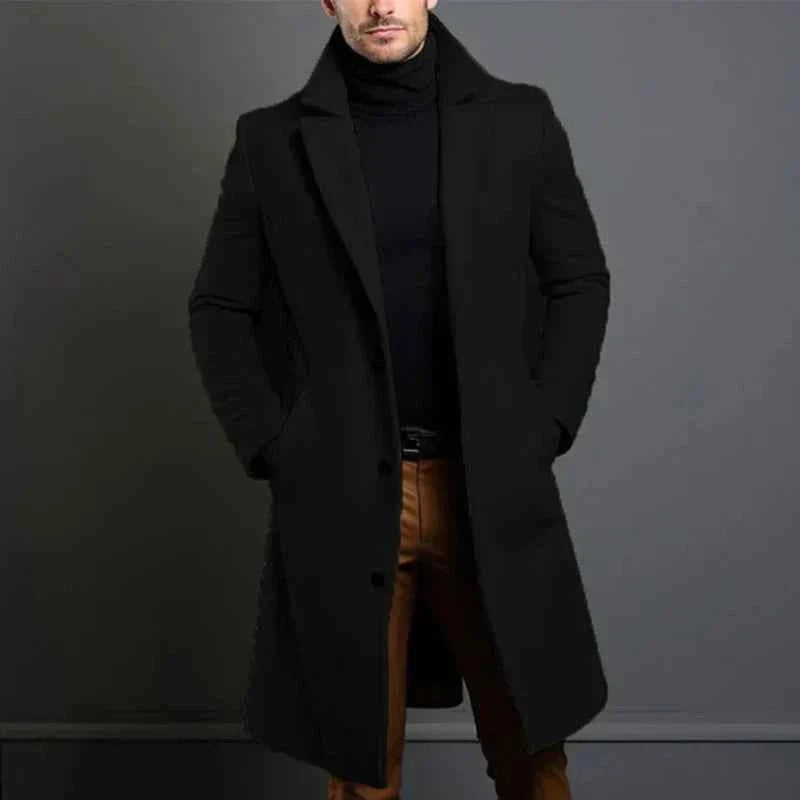 Men's Tailored Wool Coat – Full Length Classic Lapel – Elegant Style