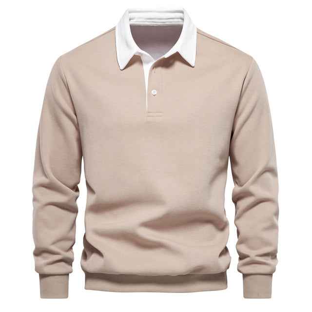 Men's Long Sleeve Polo Shirt - Contrast Collar - Breathable Cotton - Slim Fit
