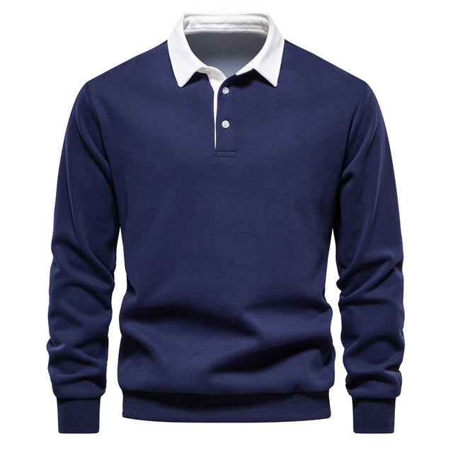 Men's Long Sleeve Polo Shirt - Contrast Collar - Breathable Cotton - Slim Fit