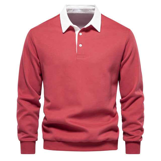 Men's Long Sleeve Polo Shirt - Contrast Collar - Breathable Cotton - Slim Fit