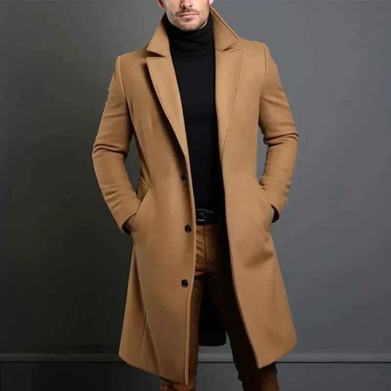 Men's Tailored Wool Coat – Full Length Classic Lapel – Elegant Style