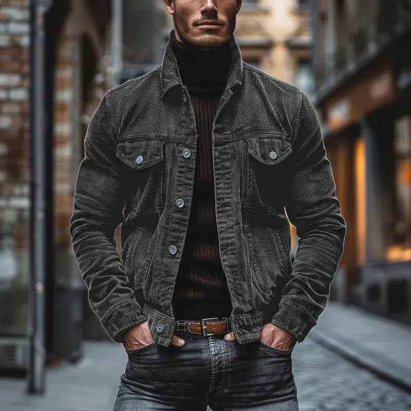 Men's Structured Fit Coat – Ribbed Texture with Lapel Collar – Casual Chic Style