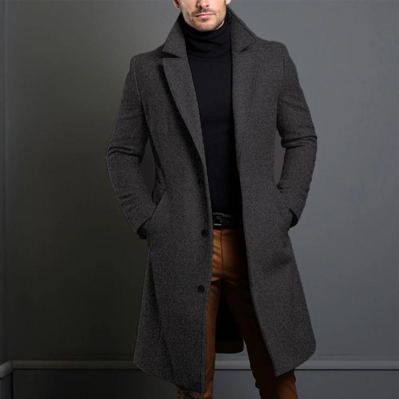 Men's Wool Blend Overcoat - Tailored Fit, Classic Lapel, Long Cut, Button Closure