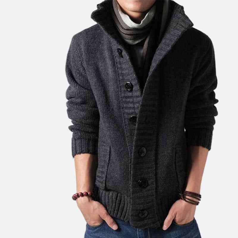 Men's Chunky Knit Cozy Cardigan – Stand Collar, Button Front, Relaxed Fit