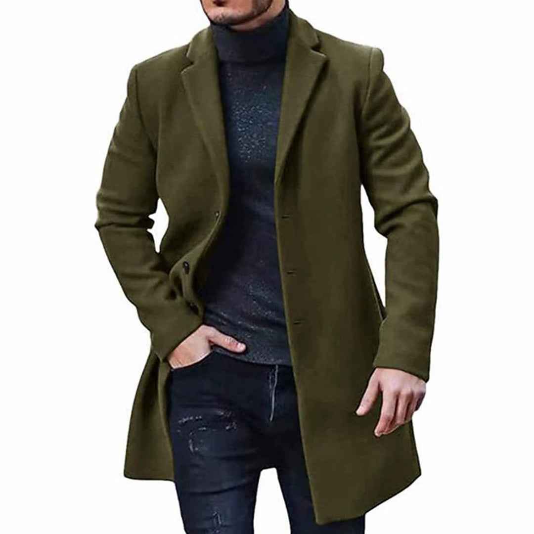 Men's Wool Blend Coat – Tailored Fit – Knee Length – Button Closure – Smart Casual