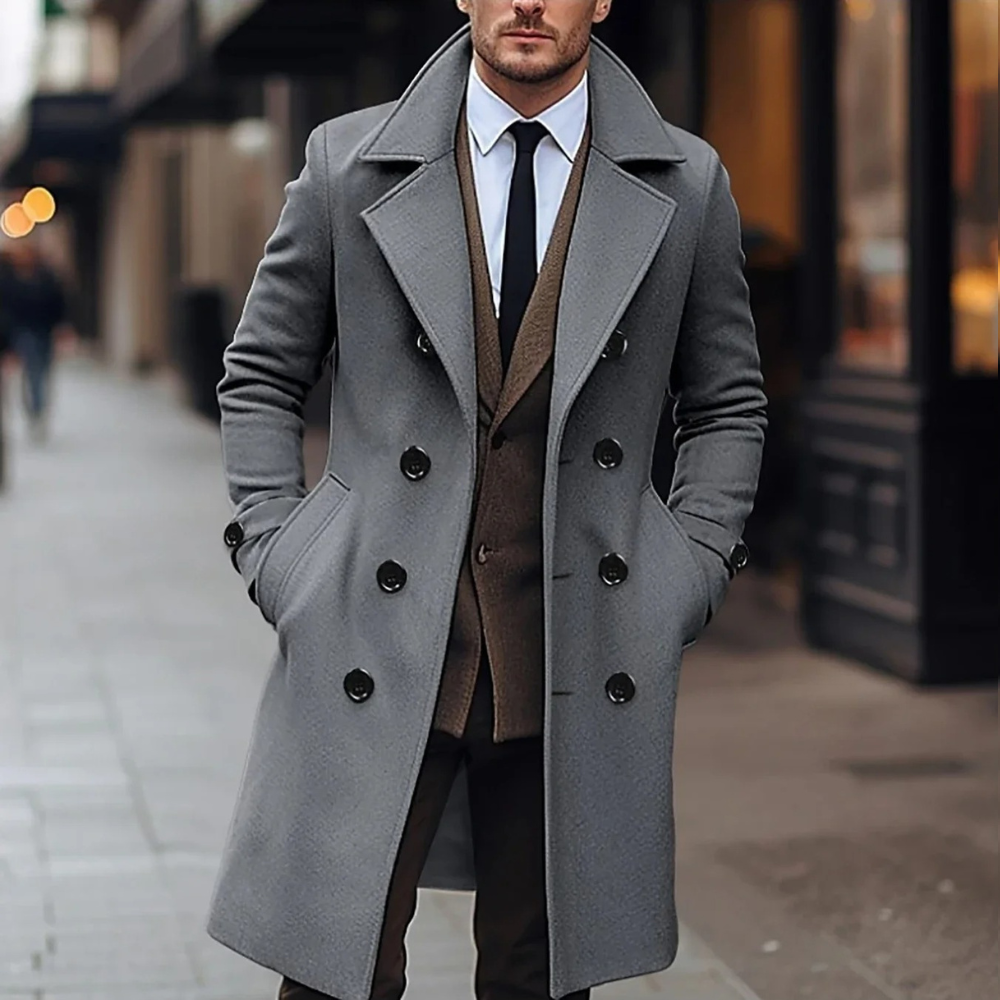 Men's Tailored Woolmix Overcoat – Double-Breasted Knee-Length Formal Wear