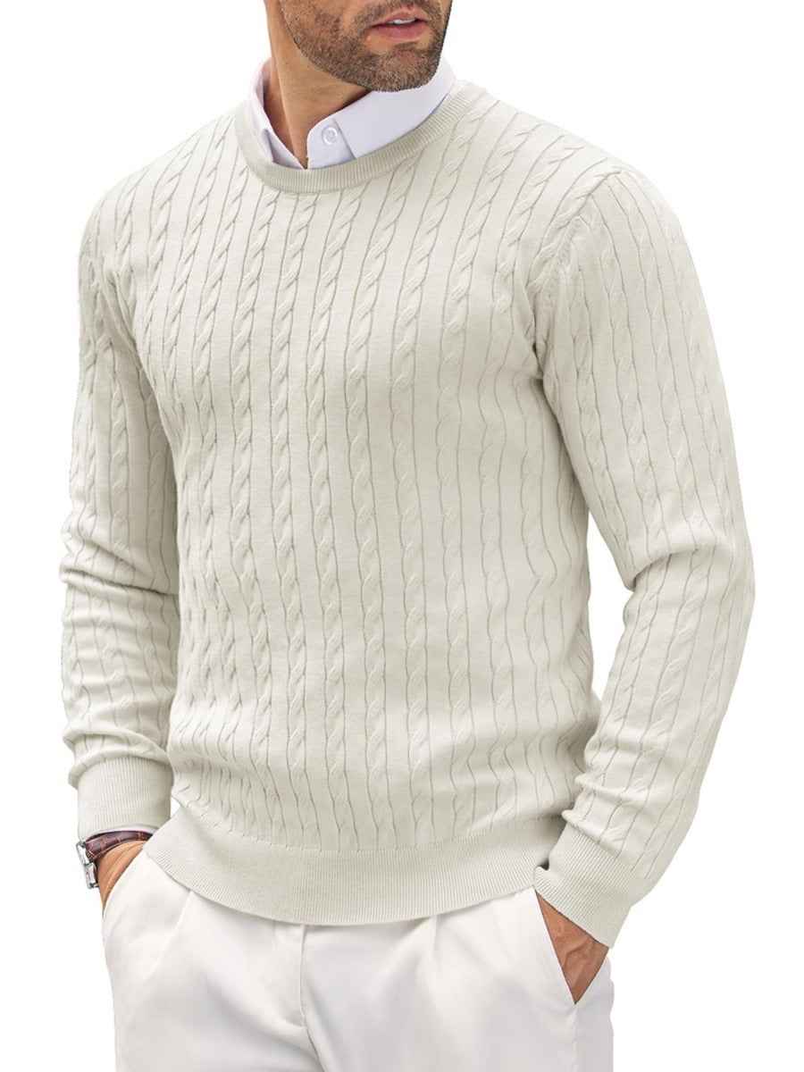 Men's Slim Fit Pullover – Fine Knit Round Neck with Cable Knit Detail
