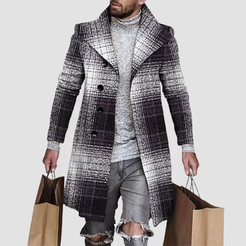 Men's Regular Fit Plaid Coat with Notched Lapel