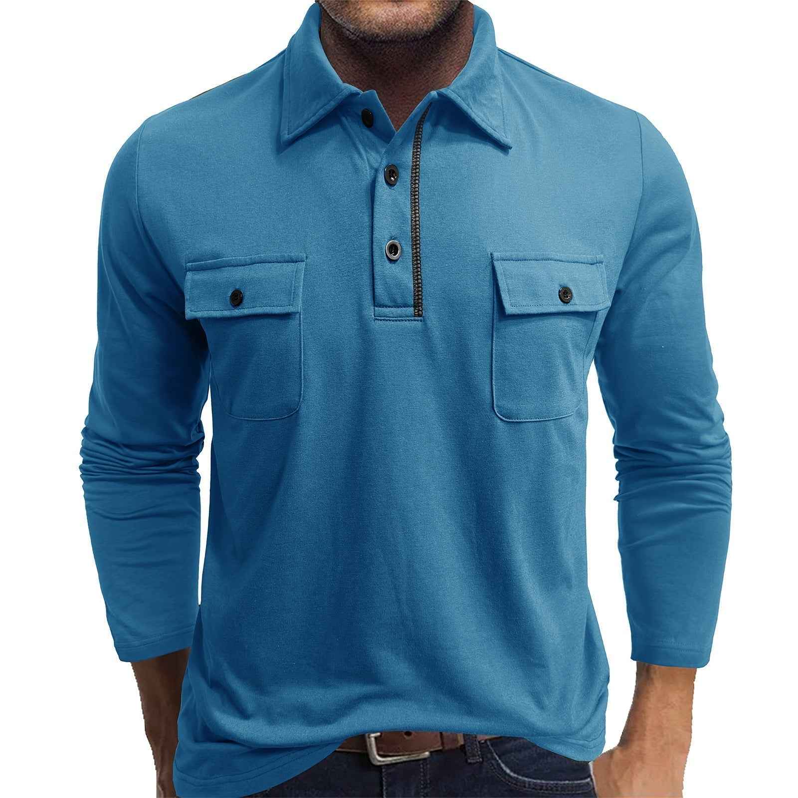 Men's Long Sleeve Polo Shirt – Regular Fit – Cotton Blend – Double Chest Pockets