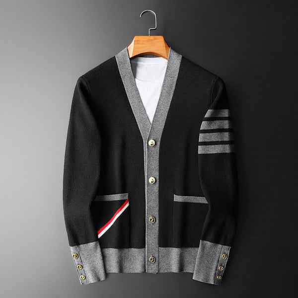Men's Regular Fit Cardigan with Striped Sleeves and Button Front