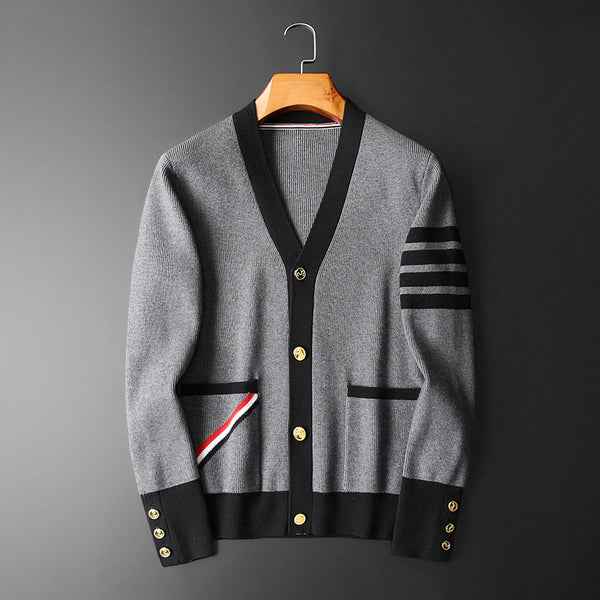 Men's Regular Fit Cardigan with Striped Sleeves and Button Front
