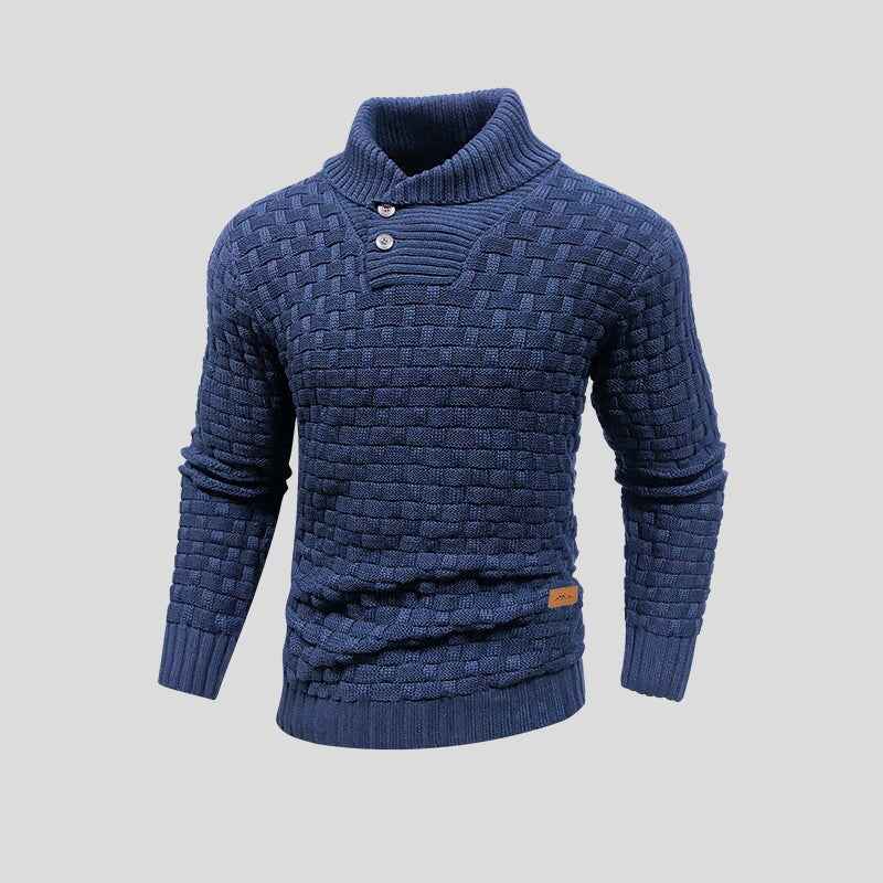 Men's Woolmix Knitted Sweater – Shawl Collar with Buttons – Ribbed Edging – Textured Design