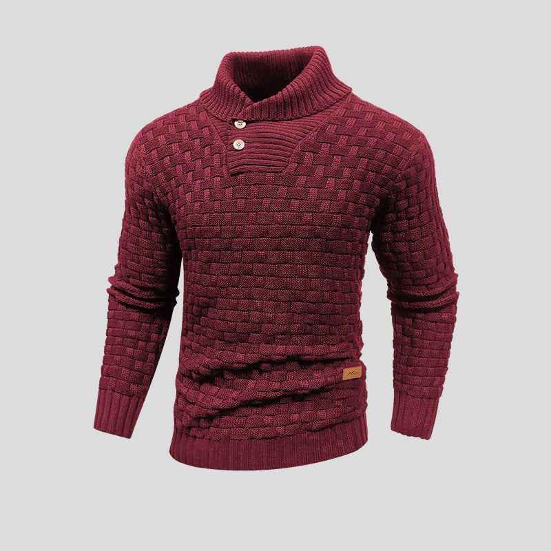 Men's Woolmix Knitted Sweater – Shawl Collar with Buttons – Ribbed Edging – Textured Design