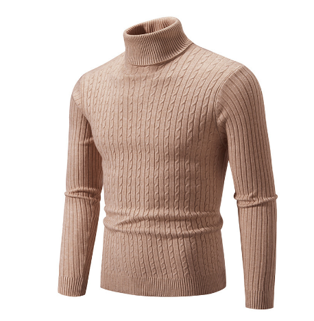 Men's Slim Fit Turtleneck Sweater – Wool Knit with Cable Pattern and Ribbed Cuffs