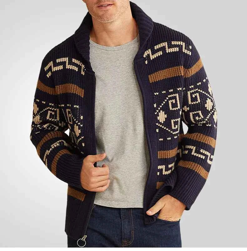 Men's Slim Fit Knitted Wool Cardigan with Zip Closure and Geometric Pattern