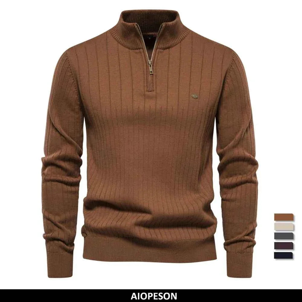 Men's Ribbed Knit Half Zip Sweater with Stand Collar - Regular Fit Long Sleeve