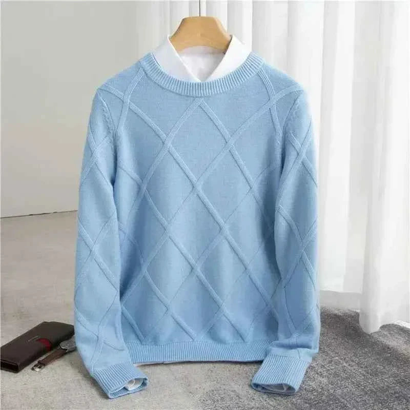 Men's Diamond Knit Sweater – Round Neck with Ribbed Trims – Soft Cotton Blend