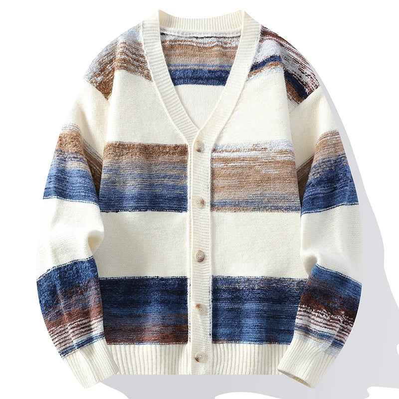 Men's Striped Cardigan - Cozy Knit Sweater