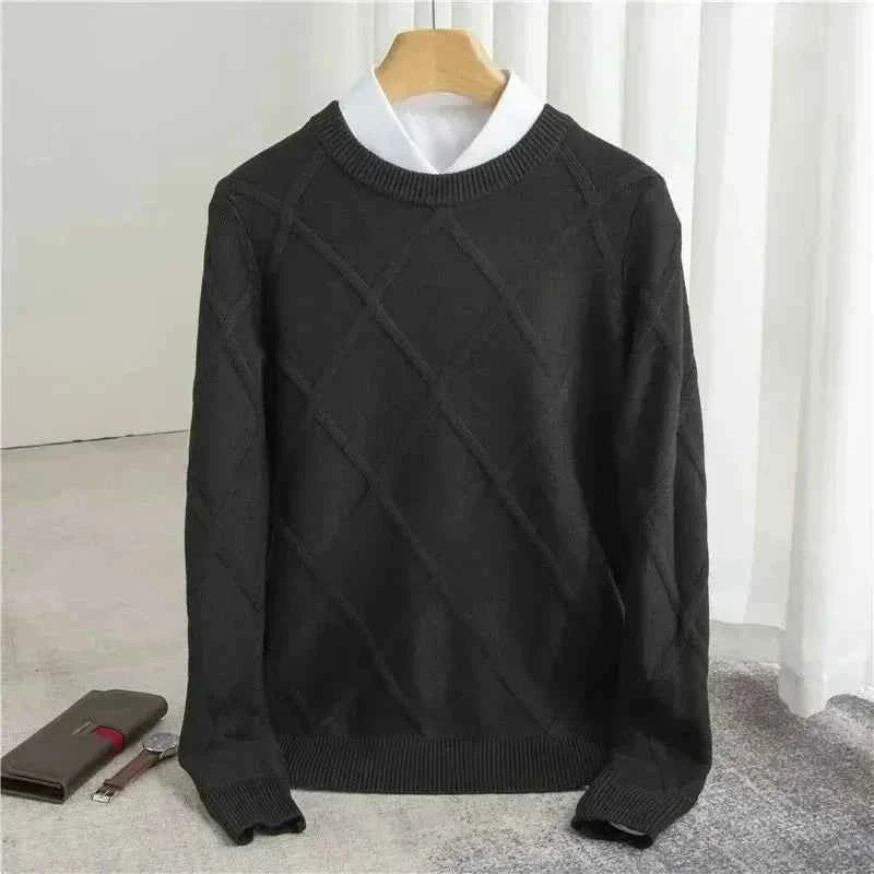 Men's Diamond Knit Sweater – Round Neck with Ribbed Trims – Soft Cotton Blend