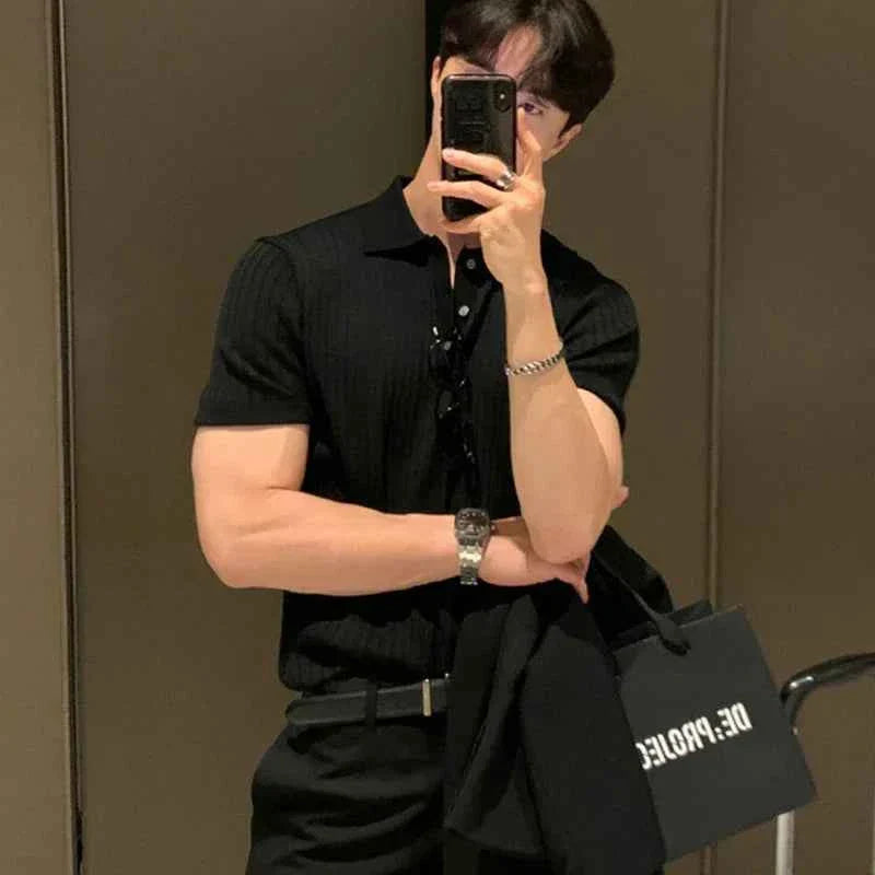 Men's Classic Striped Polo Shirt with Revere Collar