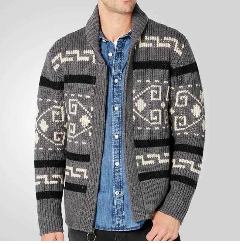 Men's Slim Fit Knitted Wool Cardigan with Zip Closure and Geometric Pattern