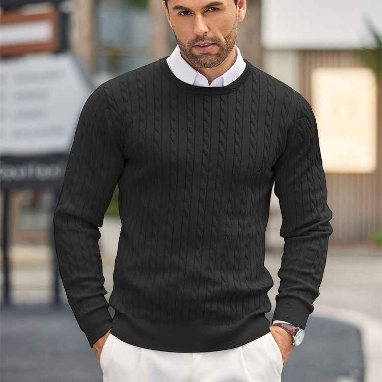 Men's Slim Fit Pullover – Fine Knit Round Neck with Cable Knit Detail