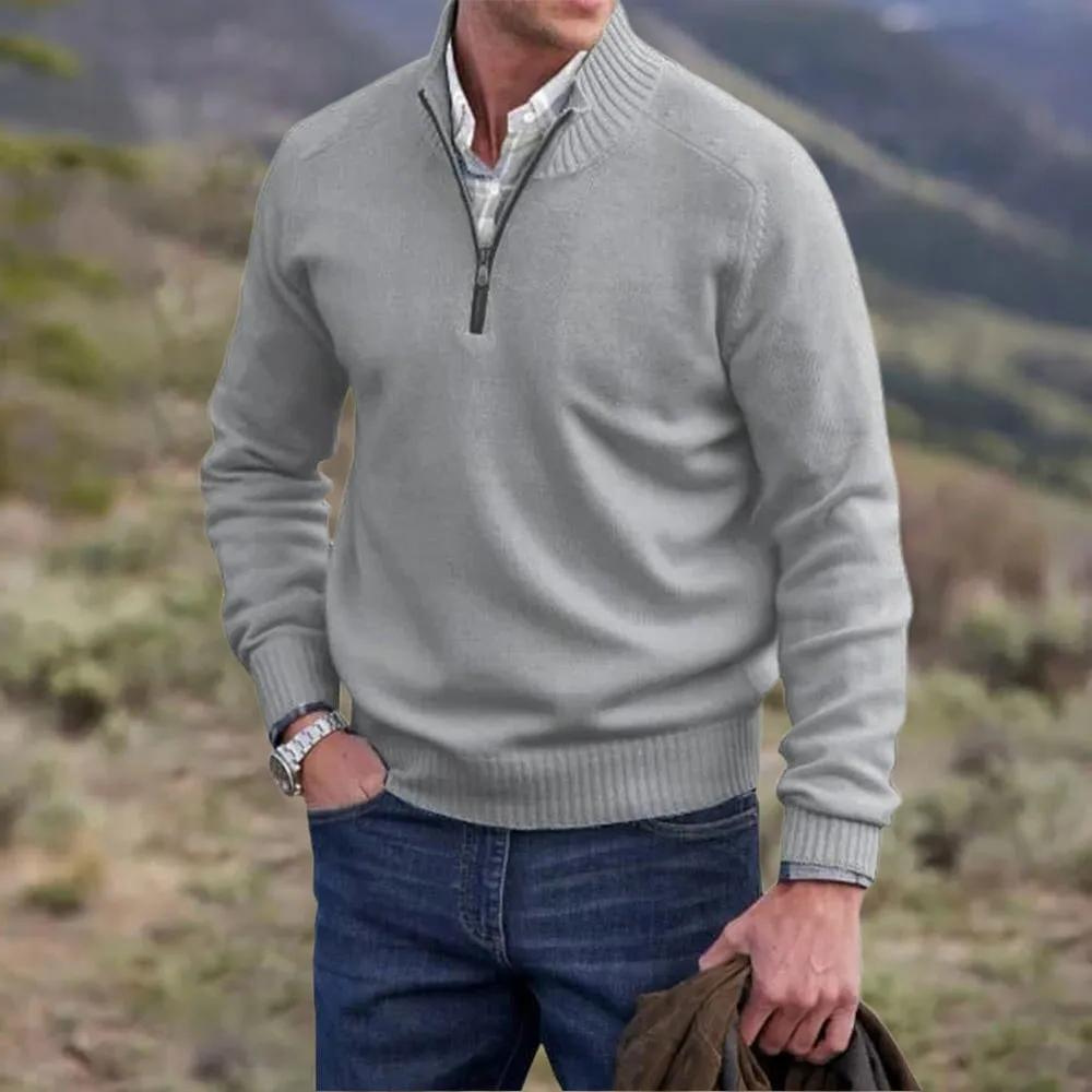 Men's Wool Blend Sweater - Regular Fit with Zip Closure and Ribbed Collar/Cuffs