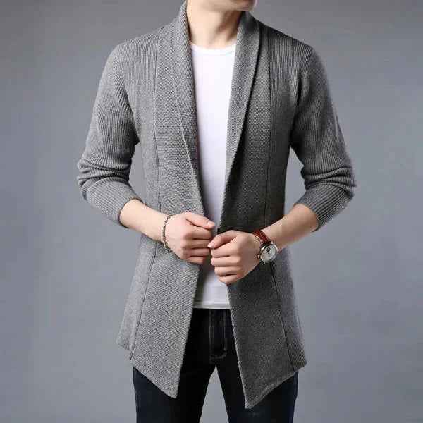Men's Wool Cardigan – Open Front, Relaxed Fit, Shawl Collar, Ribbed Texture