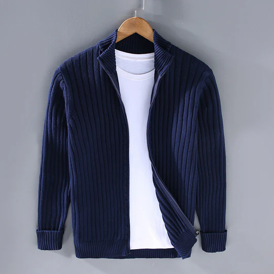 Men's Slim Fit Knitted Cardigan – Cotton with Ribbed Texture and Zipper Closure