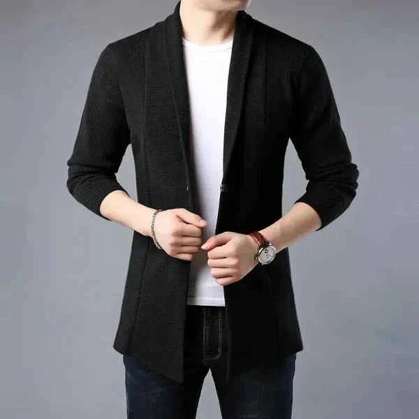 Men's Wool Cardigan – Open Front, Relaxed Fit, Shawl Collar, Ribbed Texture