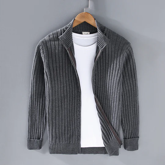 Men's Slim Fit Knitted Cardigan – Cotton with Ribbed Texture and Zipper Closure