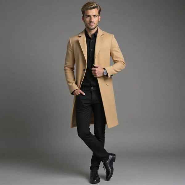 Men's Tailored Woolmix Long Coat – Single-Breasted Formal Style