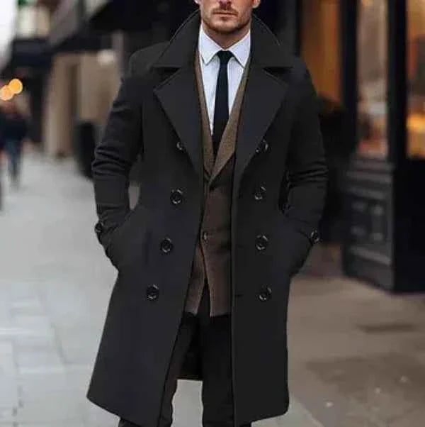 Men's Tailored Wool Blend Overcoat – Knee-Length Double-Breasted Formal Style