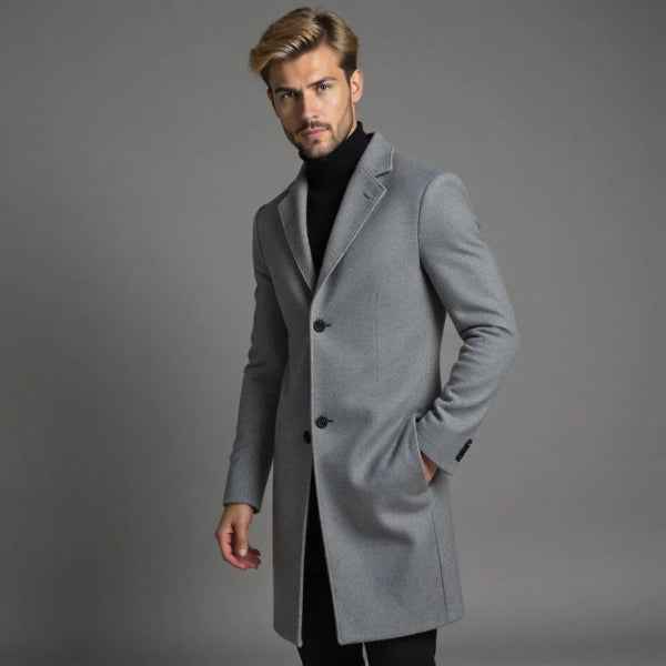 Men's Tailored Woolmix Long Coat – Single-Breasted Formal Style