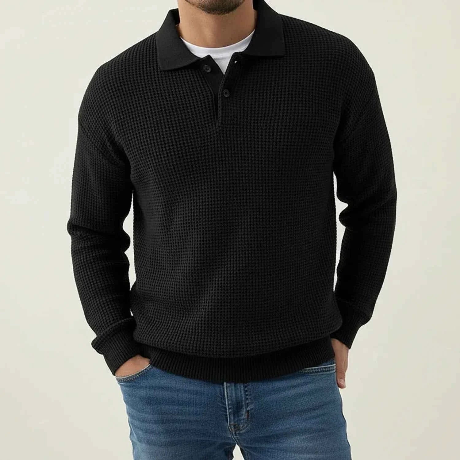 Men's Long-Sleeve Knit Polo Sweater