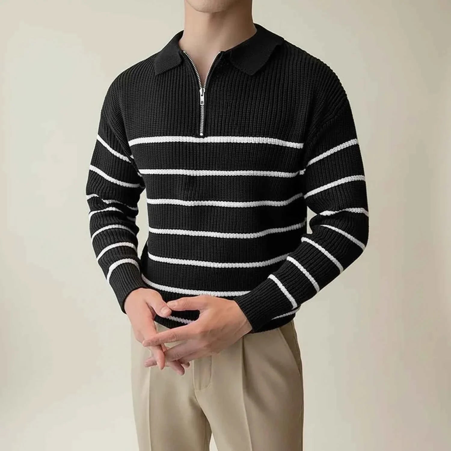 Men's Striped Quarter-Zip Polo Sweater