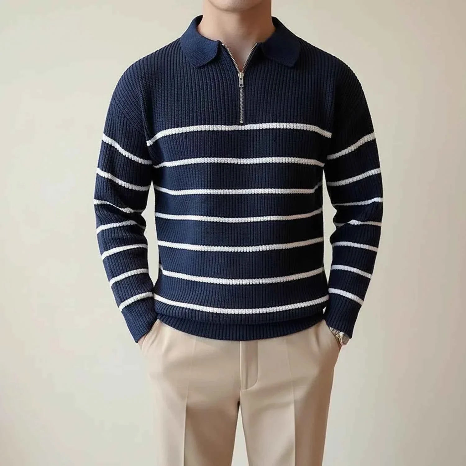 Men's Striped Quarter-Zip Polo Sweater