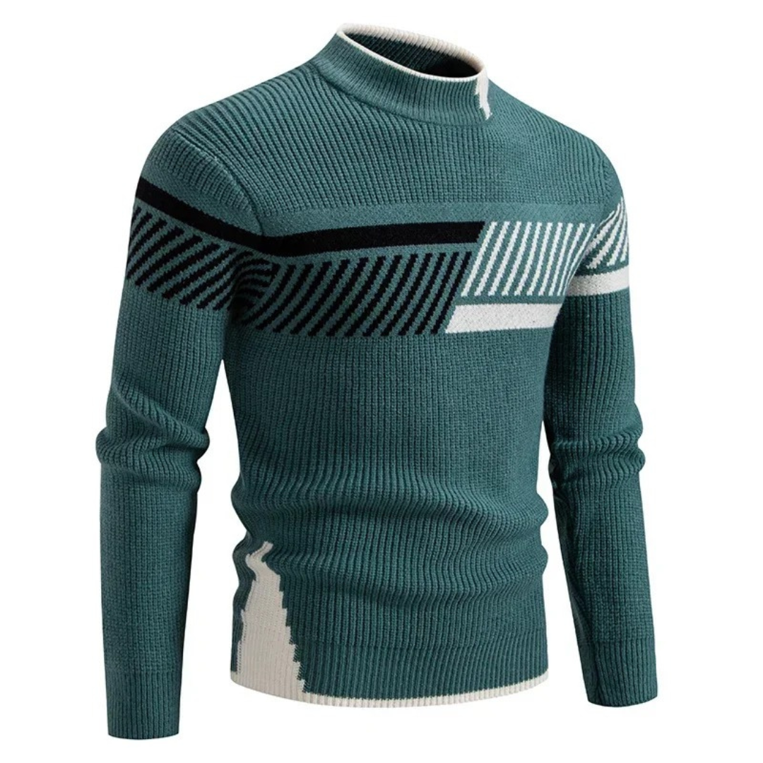 Men's Knitted Sweater – Regular Fit – Mock Neck – Geometric Pattern – Long Sleeve
