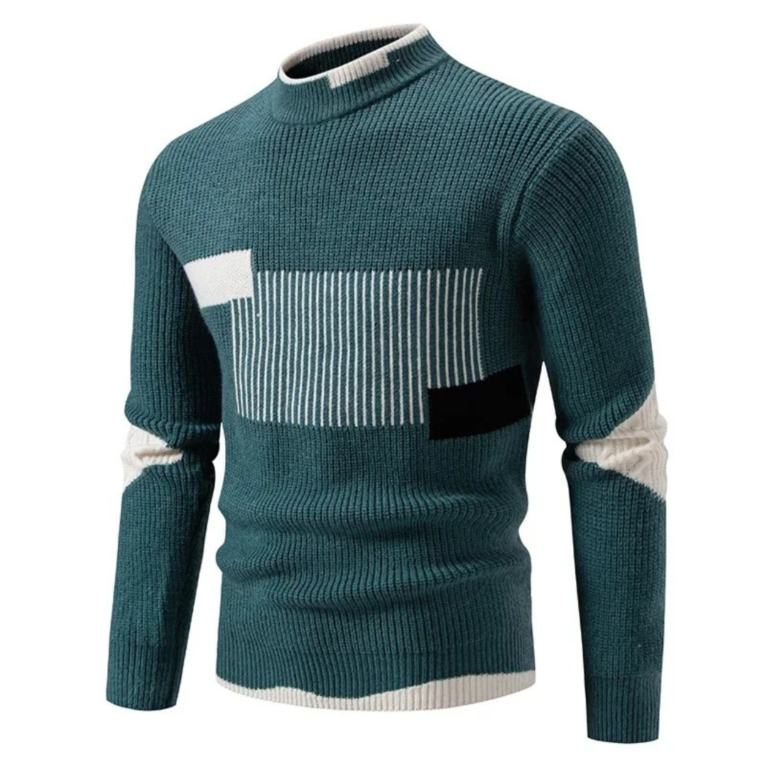 Men's Knitted Sweater – Regular Fit – Mock Neck – Geometric Pattern – Long Sleeve