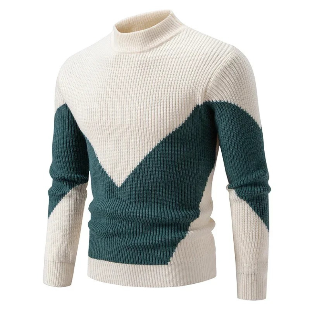 Men's Knitted Sweater – Regular Fit – Mock Neck – Geometric Pattern – Long Sleeve