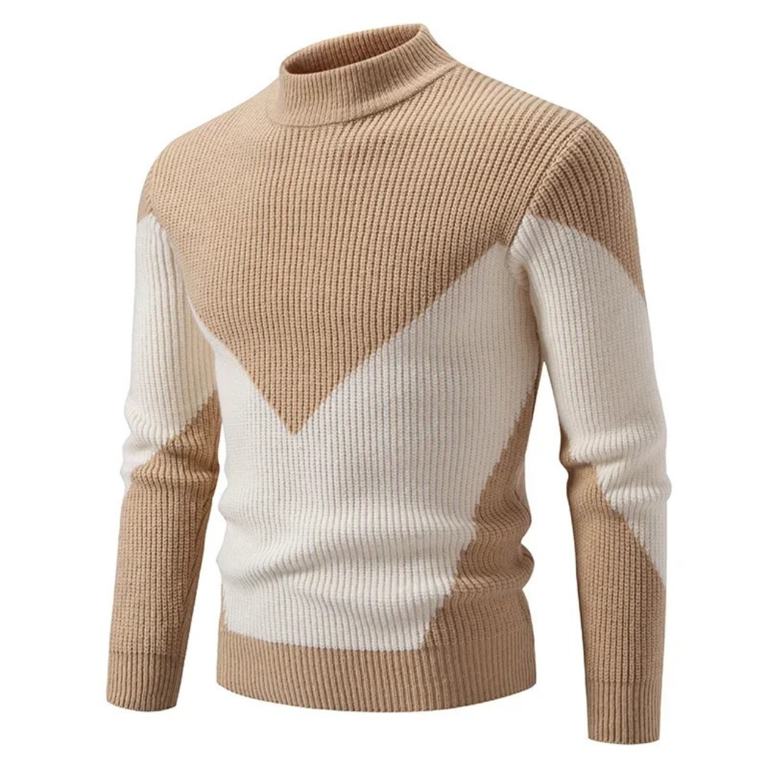 Men's Knitted Sweater – Regular Fit – Mock Neck – Geometric Pattern – Long Sleeve