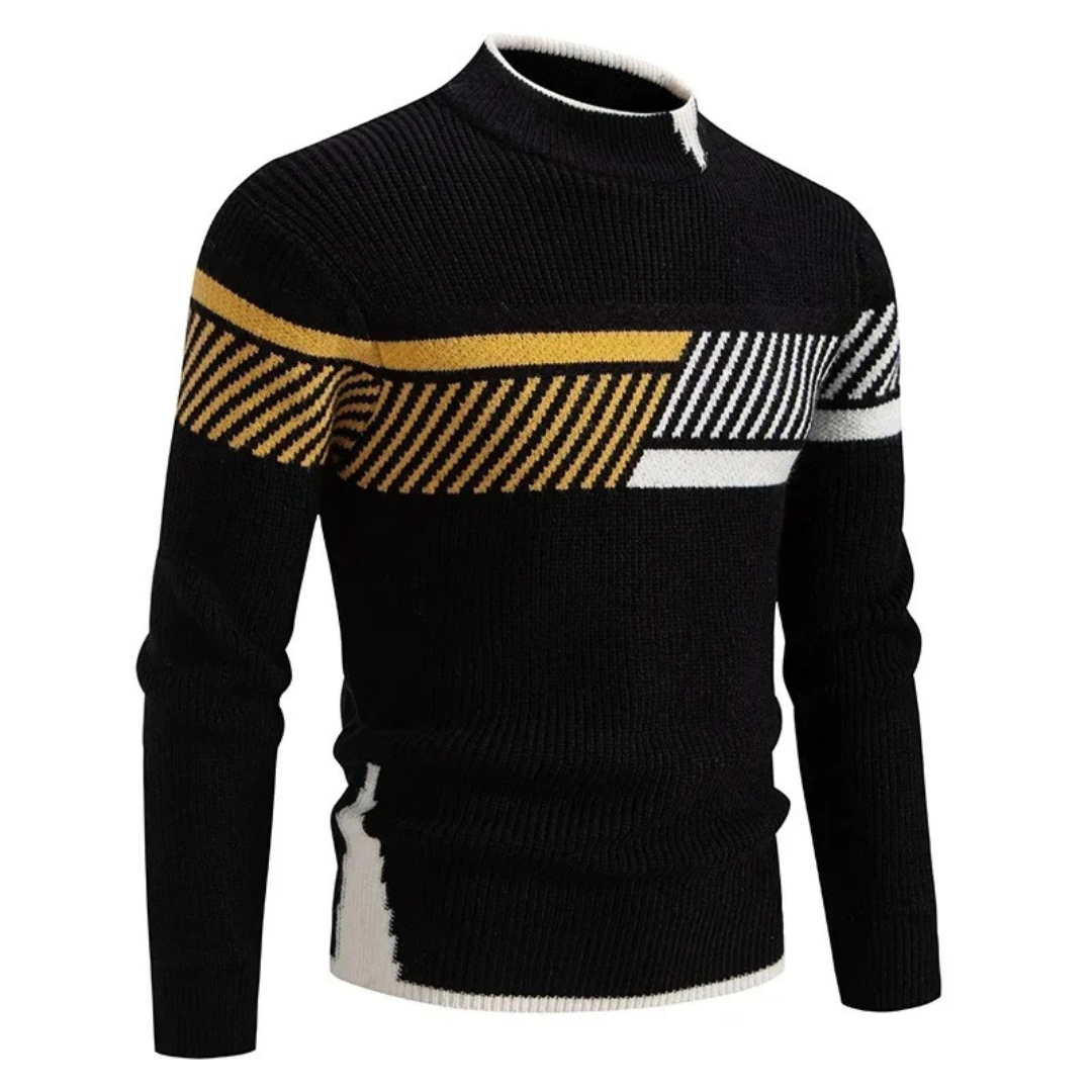 Men's Knitted Sweater – Regular Fit – Mock Neck – Geometric Pattern – Long Sleeve
