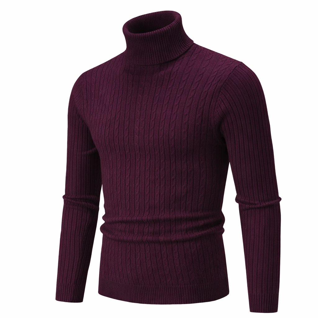 Men's Slim Fit Turtleneck Sweater – Wool Knit with Cable Pattern and Ribbed Cuffs