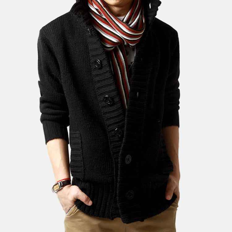 Men's Chunky Knit Cozy Cardigan – Stand Collar, Button Front, Relaxed Fit