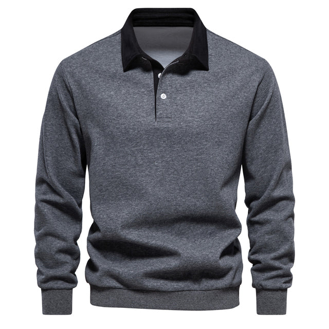 Men's Long Sleeve Polo Shirt - Contrast Collar - Breathable Cotton - Slim Fit