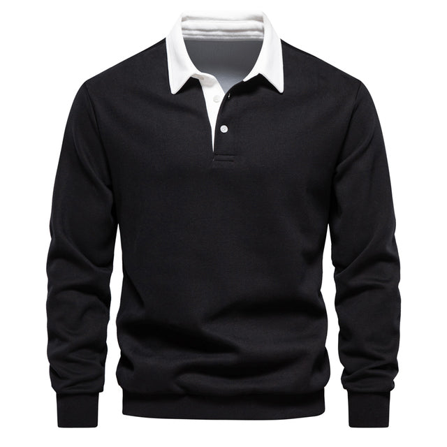 Men's Long Sleeve Polo Shirt - Contrast Collar - Breathable Cotton - Slim Fit
