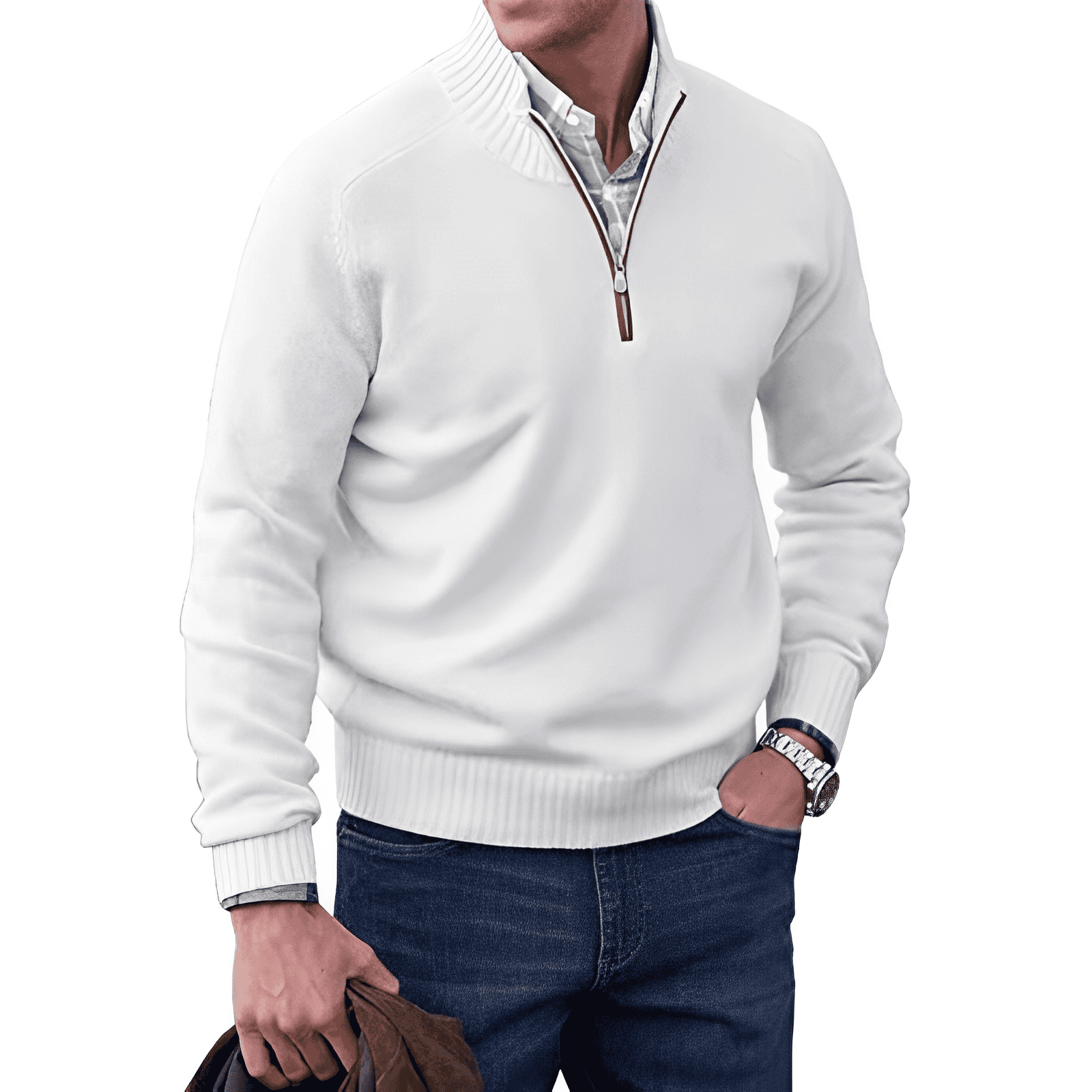 Men's Wool Blend Sweater - Regular Fit with Zip Closure and Ribbed Collar/Cuffs