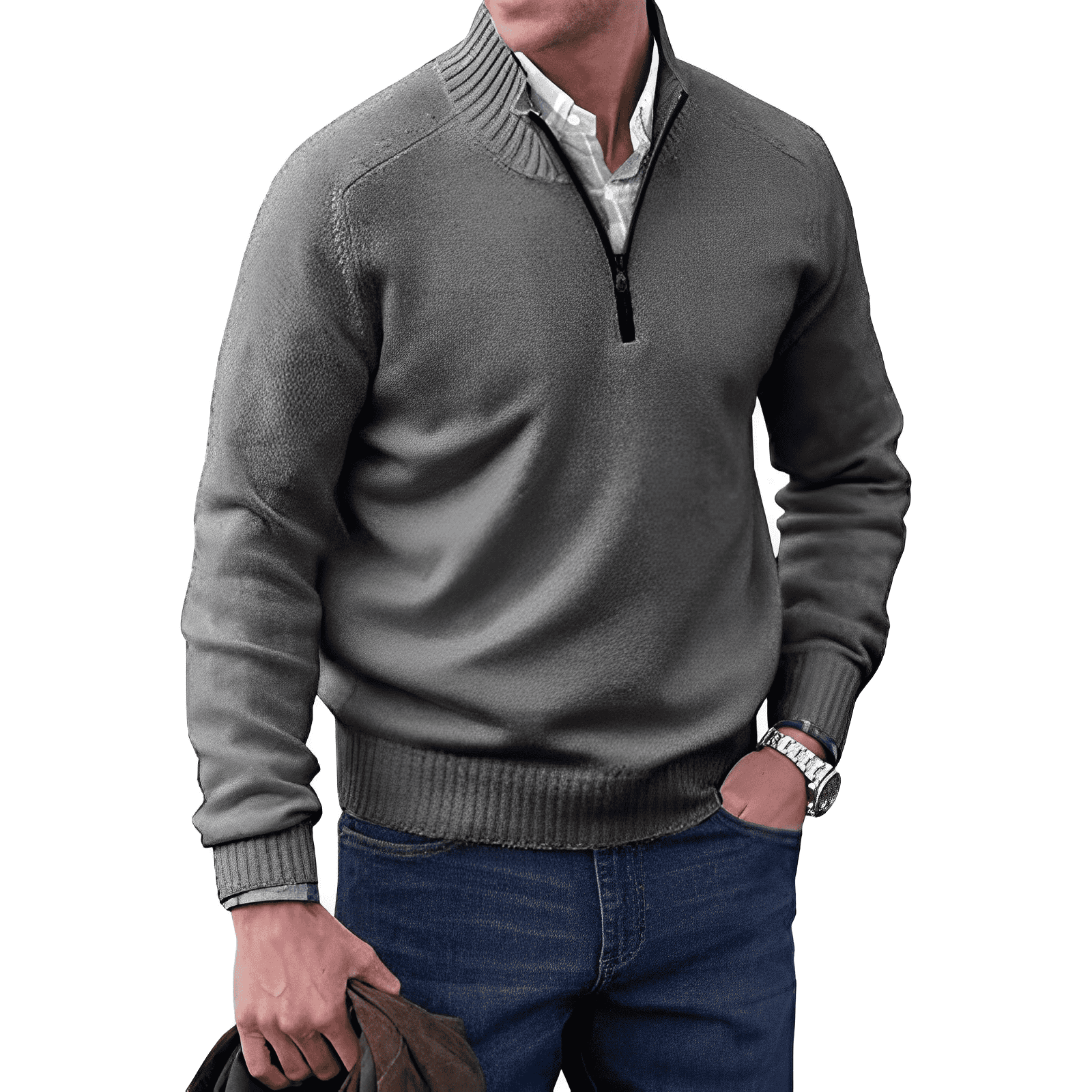 Men's Wool Blend Sweater - Regular Fit with Zip Closure and Ribbed Collar/Cuffs