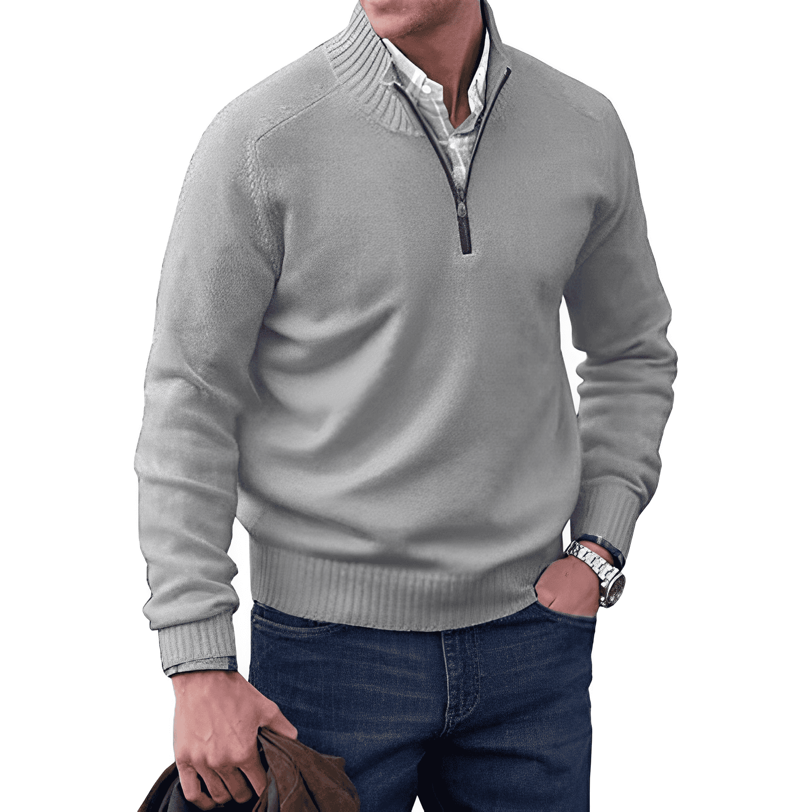 Men's Wool Blend Sweater - Regular Fit with Zip Closure and Ribbed Collar/Cuffs