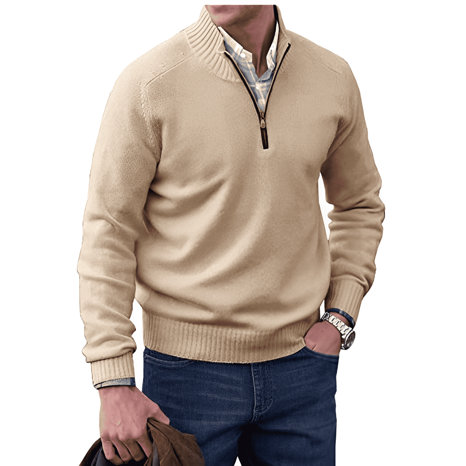 Men's Wool Blend Sweater - Regular Fit with Zip Closure and Ribbed Collar/Cuffs